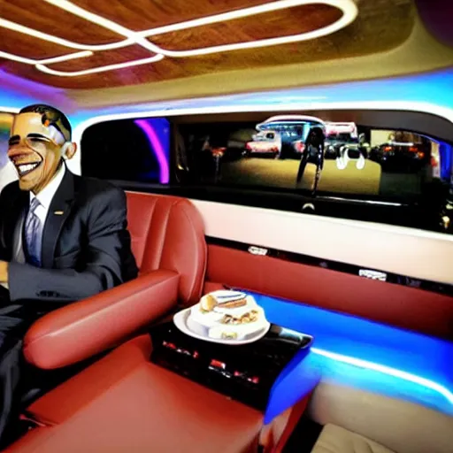 Image similar to barack obama on pimp my ride sitting in his newly upgraded presidential limo complete with a playstation 2, and a minibar. there are also neon lights in the interior.