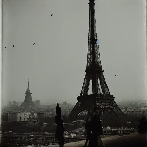 Image similar to vampires in the eiffel tower, lens blur, vintage photograph