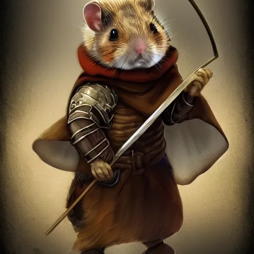 Prompt: portrait of a fantasy hamster with a medieval cloak shooting with a bow, digital art, artstation, realistic, detailed