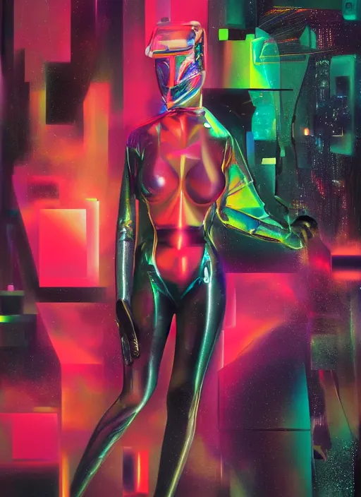 Prompt: futuristic lasers, data visualization, cyberpunk bodysuit, mask, laserpunk, visor, rain, wet, oiled, sweat, girl pinup, by steven meisel, james jean and rolf armstrong, geometric cubist perfect geometry abstract acrylic and hyperrealism photorealistic airbrush collage painting with menocjrome muted and neon fluorescent colors