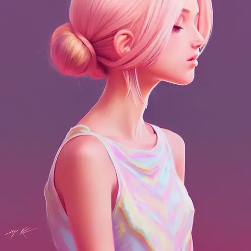 Image similar to young female in summer dress art, pastel light pink long hair, muted colors, matte print, pastel colors, ornate, digital art, digital painting, fan art, elegant, artstation, head is centered, by Ilya Kuvshinov