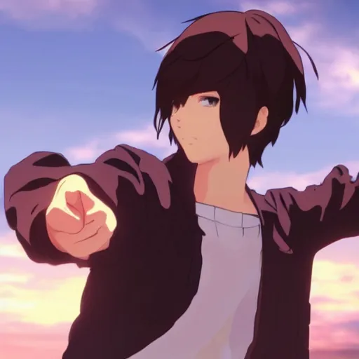 Image similar to anime brown haired boy summons a tsunami with as gesture of his hands. makoto shinkai. kuvshinov ilya. shigenori soejima.