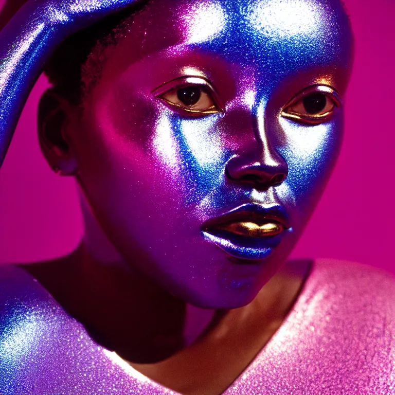 Image similar to portrait of iridescent metallic face, african woman, mercury, smooth reflections, proud looking away, outdoor, blue sky, 8 k, realistic, depth of field, highly detailed, award winning photography, by richard mosse