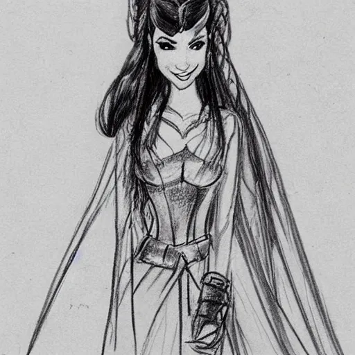 Prompt: milt kahl sketch of victoria justice with done up hair and tendrils as princess padme from star wars episode 3