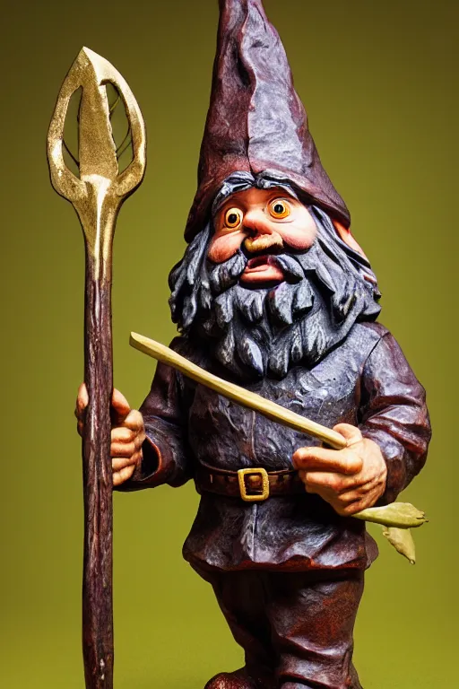 Prompt: photo taken of an epic intricate, ultra detailed, super realistic sculpture of gnome holding a pitchfork, sculpture on display, created by weta workshop, photorealistic, sharp focus, f 0. 4, face centred, golden ratio