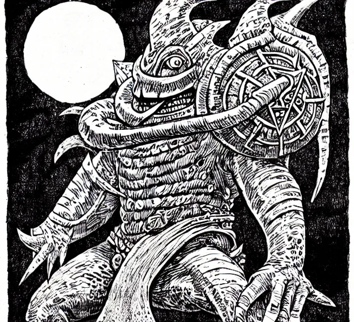 Image similar to an octorok from legend of zelda as a d & d monster, pen - and - ink illustration, etching, by russ nicholson, david a trampier, larry elmore, 1 9 8 1, hq scan, intricate details, high contrast, no background