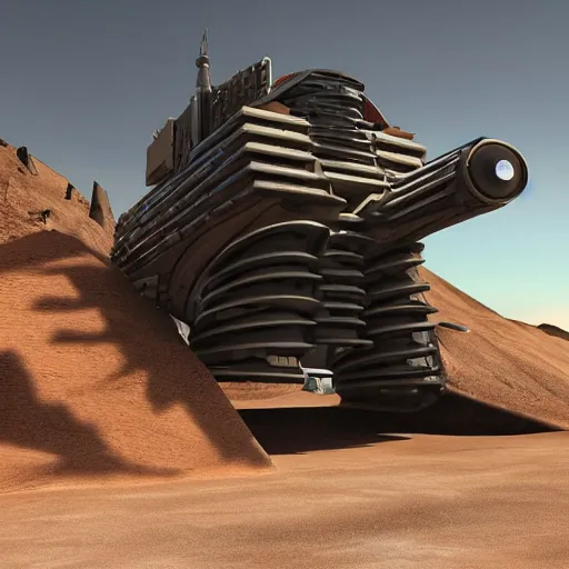 Image similar to SciFi industrial futuristic Brutalism brutalistic huge carrying vehicle desert