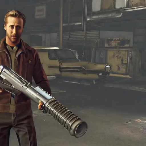 Image similar to ryan gosling in fallout 4 holds a minigun in his hands