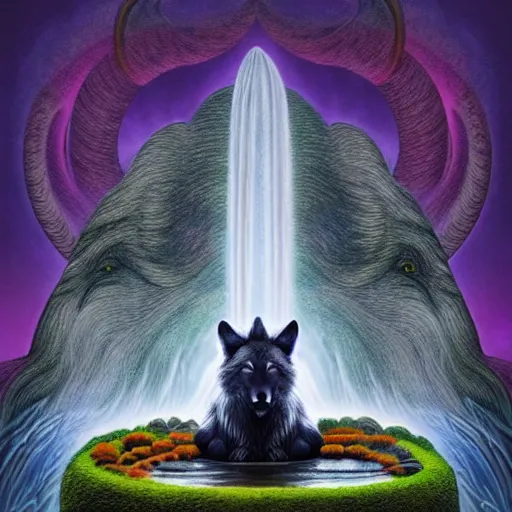 Prompt: an athromorphic wolf character meditating in a zen garden with a waterfall under the blood moon, by Adi granov and afarin sajedi and amanda sage and evgeni gordiets and Agostino Arrivabene and adonna khare in a psychedelic portrait style, ultrarealistic matte painting, volumetric lighting, fractal, extremely symmetrical, highly detailed face, orisha, 8k, hd