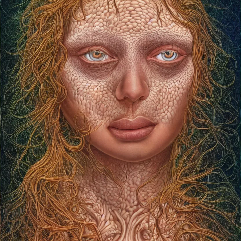 Image similar to perfectly centered portrait front view of a beautiful mushroom goddess, flowing hair, intense stare, sweet smile, symmetrical, volumetric shadows and lighting, realistic oil painting by alex grey,