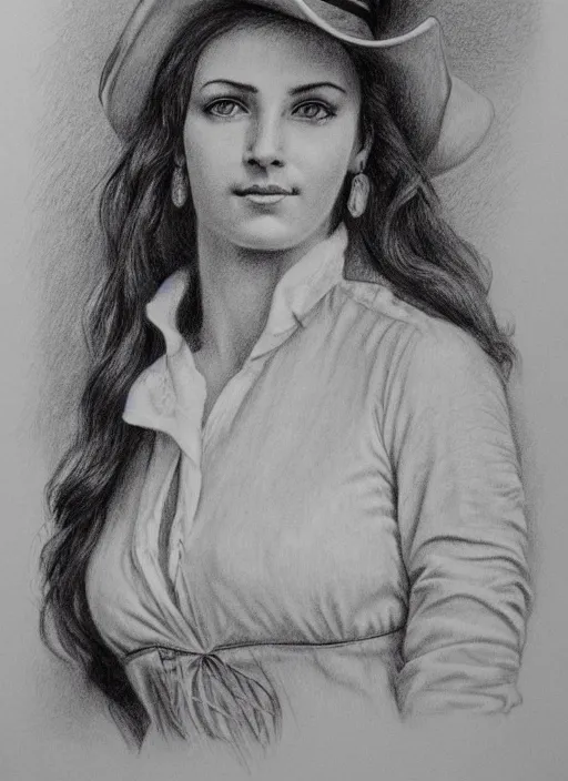 Image similar to 1 8 0 0 s style full body detailed pencil drawing of a cowgirl beautiful face, realistic