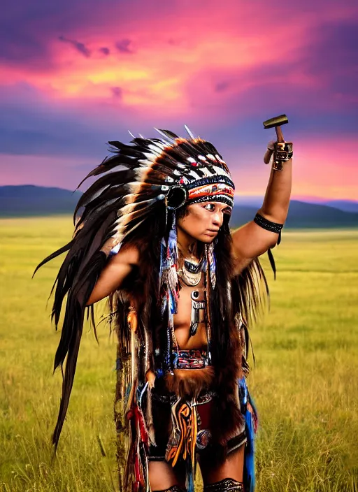 Image similar to hyper detailed photo of an American Indian warrior princess wearing a headdress, in a field with a bison at sunset, long black hair, maximalist, hd, 8k, muted colors,