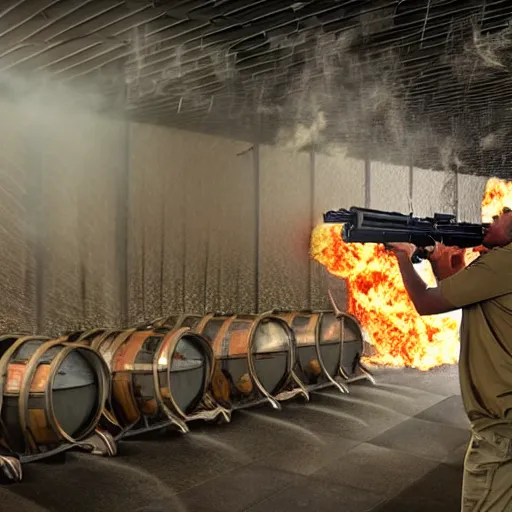 Image similar to a man shooting a machine gun in a shooting range, guns blazing, muzzle flashes showing, smoke, bullets shredding the target to pieces, exploding barrels