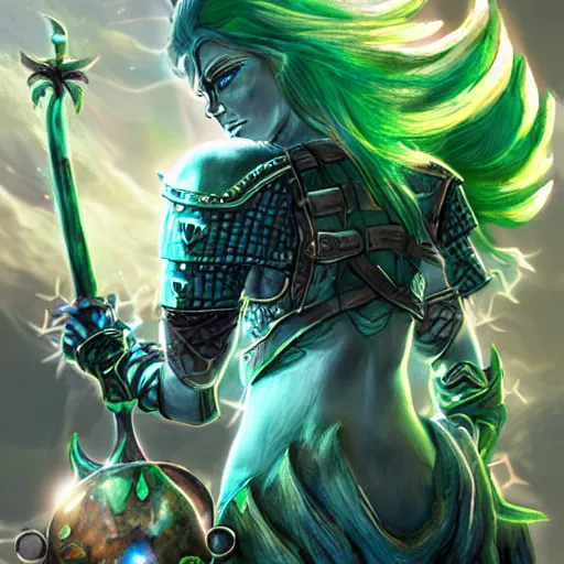 Prompt: a dnd triton with green hair, wielding a staff with a glowing crystal, wearing studded leather armor, male, dungeons and dragons character, digital art