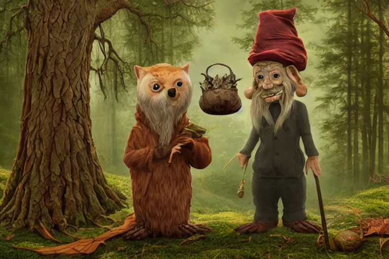 Prompt: old wizard and his forest furry creature matte painting, 3 d highly detailed, in the style of mark ryden