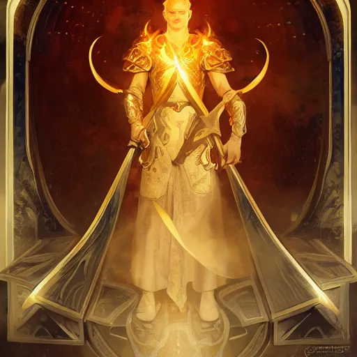 Prompt: portrait of an aasimar paladin blond young man with amber eyes wielding his flaming blade, strong, sofisticated, fantasy, highly detailed, digital painting, artstation, concept art, character art, art by greg rutkowski and tyler jacobson and alphonse mucha