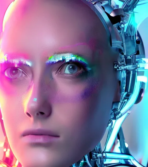 Prompt: synthwave biopunk cyborg girl portrait with implants detailed rendering realistic photo cinematic 3d hd key visual official media with frank Miller Alex Ross giger style trending