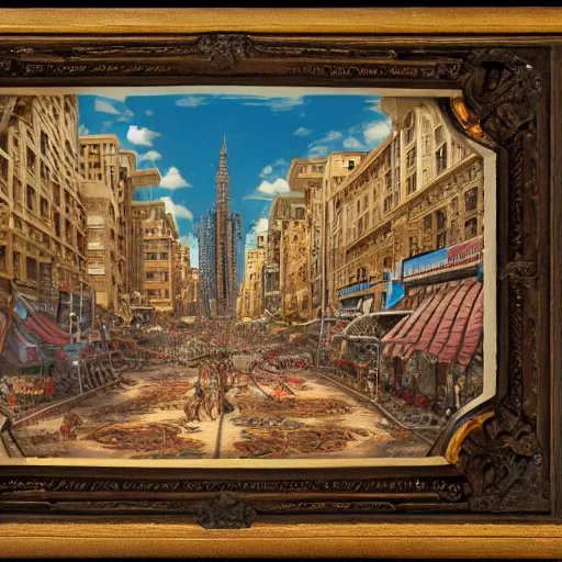 Prompt: gigantic ant walking through the center of a populated city, extreme detail, abstract realism, highly ornate intricate details, 1 9 2 0's colored pencil, 4 k, cinematic lighting,