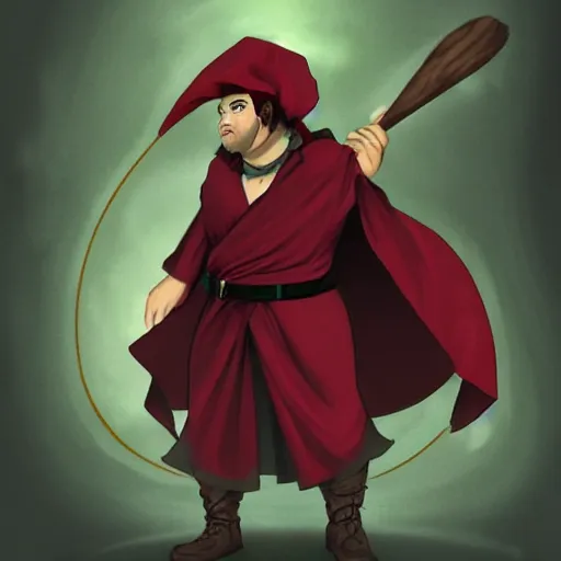 Image similar to portrait, 25 years old :: overweight fantasy mage :: ugly, green eyes, short black hair :: wearing a red brown robe, pointed hat :: high detail, digital art, RPG, concept art, illustration