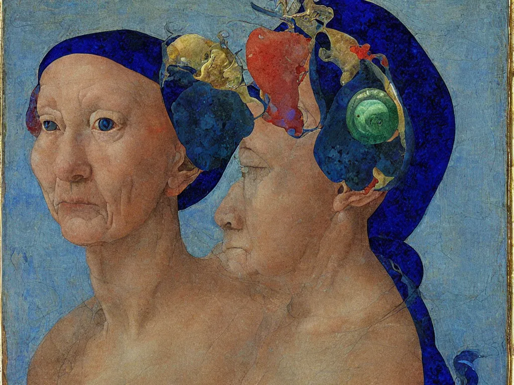 Image similar to portrait of a old woman head with close up exotic betta halfmoon blue fish. lapis lazuli, malachite, cinnabar, gold. ainting by piero della francesca, balthus, agnes pelton