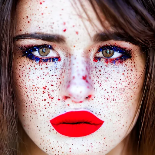 Image similar to close up portrait photograph of the left side of the face of a brunette woman with stars inside her eyes, red lipstick and freckles. she looks directly at the camera. Slightly open mouth, face covers half of the frame, with a park visible in the background. 135mm nikon. Intricate. Very detailed 8k. Sharp. Cinematic post-processing. Award winning portrait photography