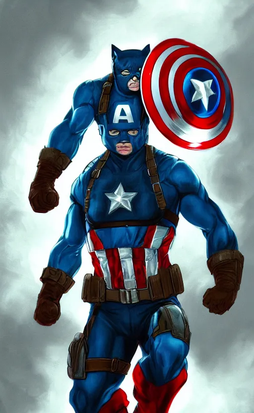 Image similar to cat as captain america, dynamic lighting, cinematic, ultra detailed, trending on art station, stunning visuals, creative, fantasy concept art