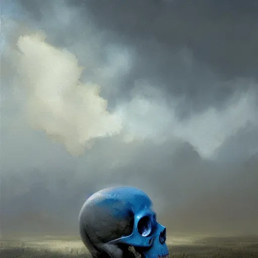 Prompt: Single blue flower growing from a skull on an ashen field, apocalyptik city, clouded sky, oil painting, by Greg Rutkowski