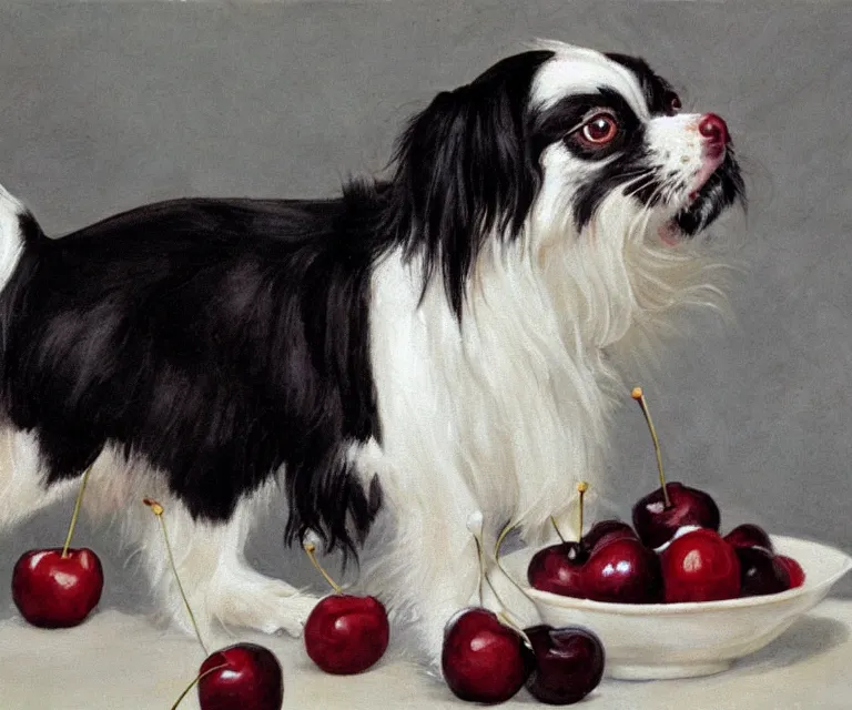 Prompt: white and black japanese chin dog eating cherry muffins, water painting, cassius marcellus coolidge