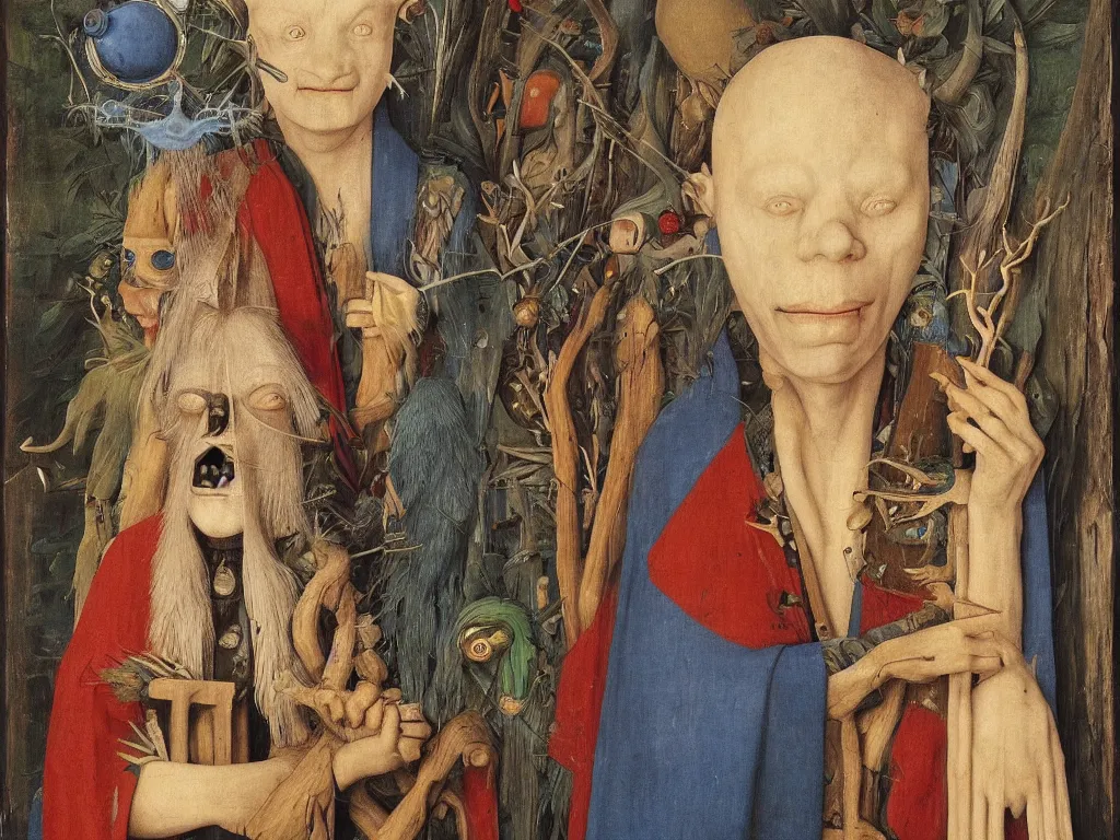 Image similar to Portrait of albino mystic with blue eyes, with wooden old shamanic totemic Oceanian archaic mask, sculpture. Painting by Bosch, Jan van Eyck, Audubon, Rene Magritte, Agnes Pelton, Max Ernst, Walton Ford