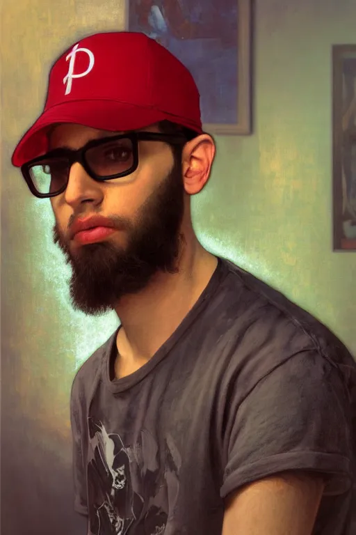 Prompt: hyperrealist portrait of a young ducktail bearded middle eastern american male wearing black wayfarer glasses and red baseball cap, computer room background. by jeremy mann and alphonse mucha, fantasy art, photo realistic, dynamic lighting, artstation, poster, volumetric lighting, very detailed faces, 4 k, award winning