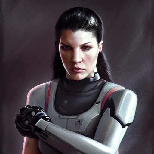 Prompt: gina carano with robotic cybernetic metallic grey left arm, casual pose, large portrait, cyberpunk, digital painting, artstation, concept art, smooth, 8 k frostbite 3 engine, ultra detailed, art by artgerm and greg rutkowski and magali villeneuve