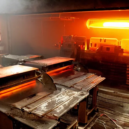 Image similar to toaster ovens on conveyor belt, dark messy smoke - filled cluttered workshop, dark, dramatic lighting, orange tint, sparks, cinematic, highly detailed, sci - fi, futuristic, movie still