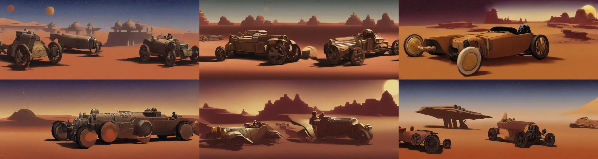 Prompt: a digital matte painting of a 1920s car as a starwars speedster on tatooine by Ralph McQuarrie Albert Bierstadt Xuteng Pan digital painting, concept art, smooth, sharp focus, art style from Wang Ke and Greg Rutkowski and Bruce Kaiser and Scott Robertson and Dmitry Mazurkevich and Doruk Erdem and Jon Sibal artstation 4k