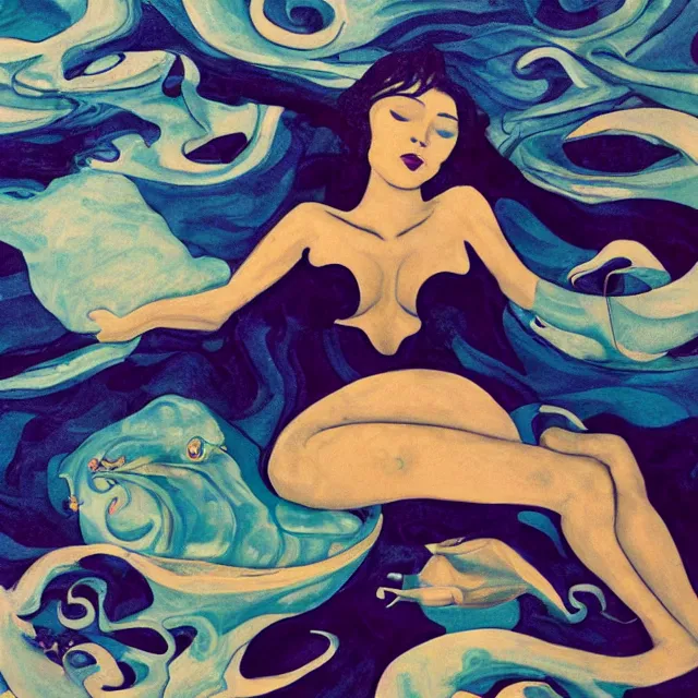 Image similar to a female art student falling asleep, iceberg, dark, sensual, dreamy, waves, swirls, blue drips, fish, blueberries, octopus, neo - impressionist, surrealism