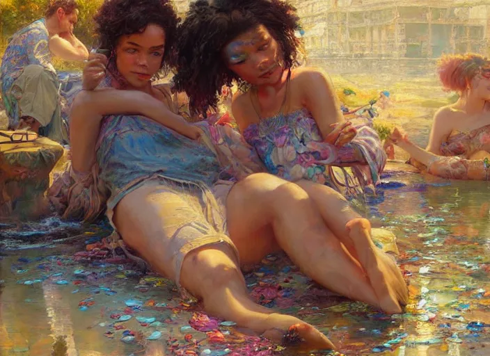 Prompt: beautiful fantasy painting of a chill day in summer, by Tim Okamura, Victor Nizovtsev, Greg Rutkowski, Noah Bradley. trending on Artstation, 8k, masterpiece, graffiti paint, fine detail, full of color, intricate detail, golden ratio illustration