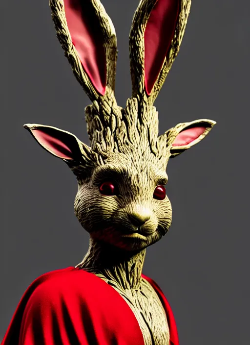 Prompt: rabbit groot as marble statue, red sunglasses, in red background, soft red texture, red realistic 3 d render, high red lights, 4 k, high detailed photography red, 5 0 mm lens, rich red colors, smooth gradients, depth of field, cinematic, wearing superhero cape