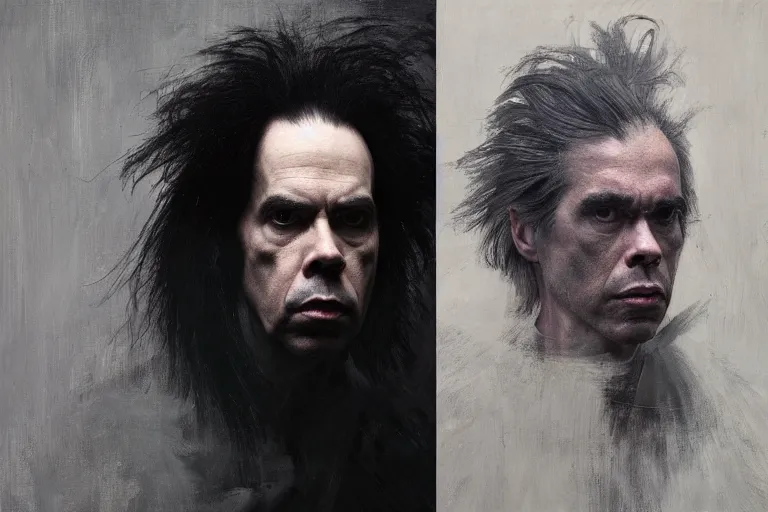 Image similar to a portrait of nick cave, masterpiece, dramatic lighting, painting by caravaggio and ruan jia and jakub rebelka and giger