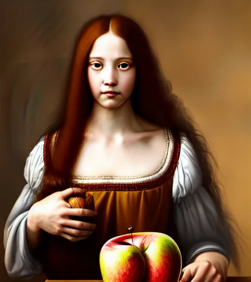 Image similar to portrait of a long - haired woman with an apple sitting upon a table with heightened detail, poised, intense emotion, detailed facial expression, detailed surroundings, intricate, elegant, highly detailed, centered, digital painting, artstation, concept art, smooth, sharp focus, illustration, by ( leonardo da vinci ), wlop