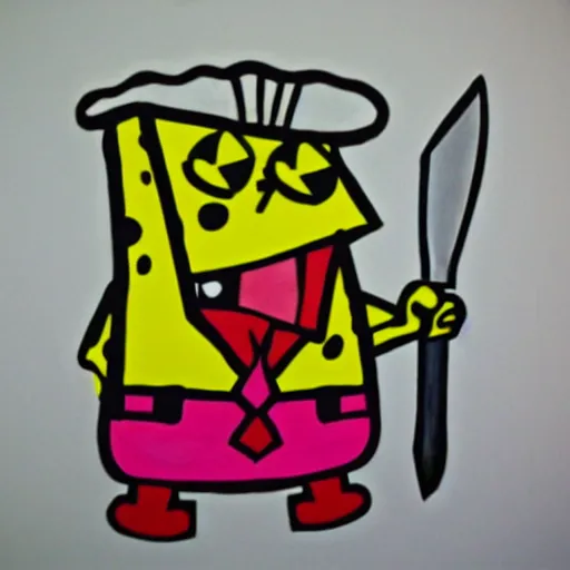 Prompt: rough sketch in crayola, spongebob squarepants cartoon character holding a kitchen knife, childish crayon art