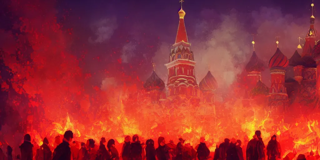 Image similar to high quality picture of burning Red Square in Moscow in flame, rich vivid colors, ambient lighting, dynamic lighting, 4k, HQ, official media, anime key visual, makoto shinkai, ilya kuvshinov, lois van baarle, rossdraws, detailed, trending on artstation