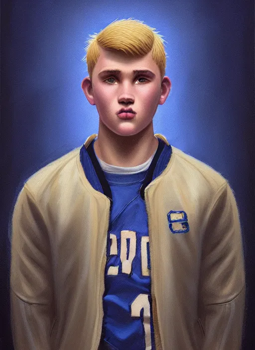 Image similar to portrait of high school senior boy named big moose, blonde short hair, jock, beefy, wide face, square jaw, square facial structure, blue varsity jacket with letter r, intricate, elegant, glowing lights, highly detailed, digital painting, artstation, concept art, sharp focus, illustration, art by wlop, mars ravelo and greg rutkowski