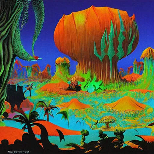 Prompt: rave party by roger dean