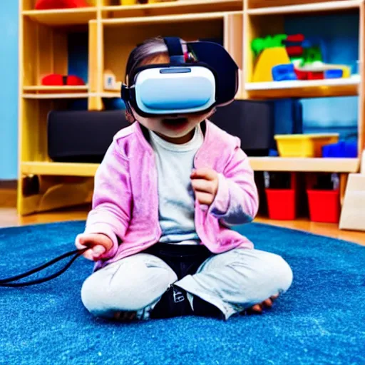 Image similar to A toddler wearing a straight jacket and a vr headset while sitting in a daycare setting, photography