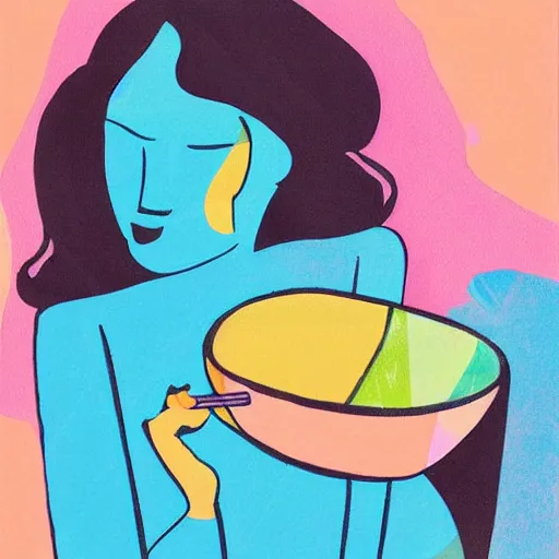 Prompt: beautiful lady, drinking tea, fruit basket, painting, abstract, clean shapes, print, litography pastel colors, ink lines, markus gunnar, konstfack