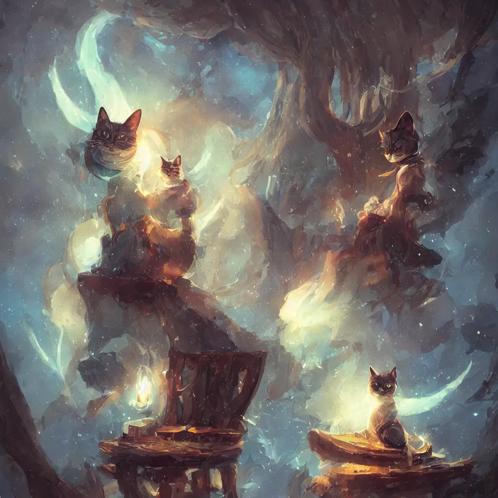 Image similar to anime cat with cloak sitting on a magical wood carved chair, super powers, glowing tiny blue lines, concept art, by greg rutkowski, overdetailed art