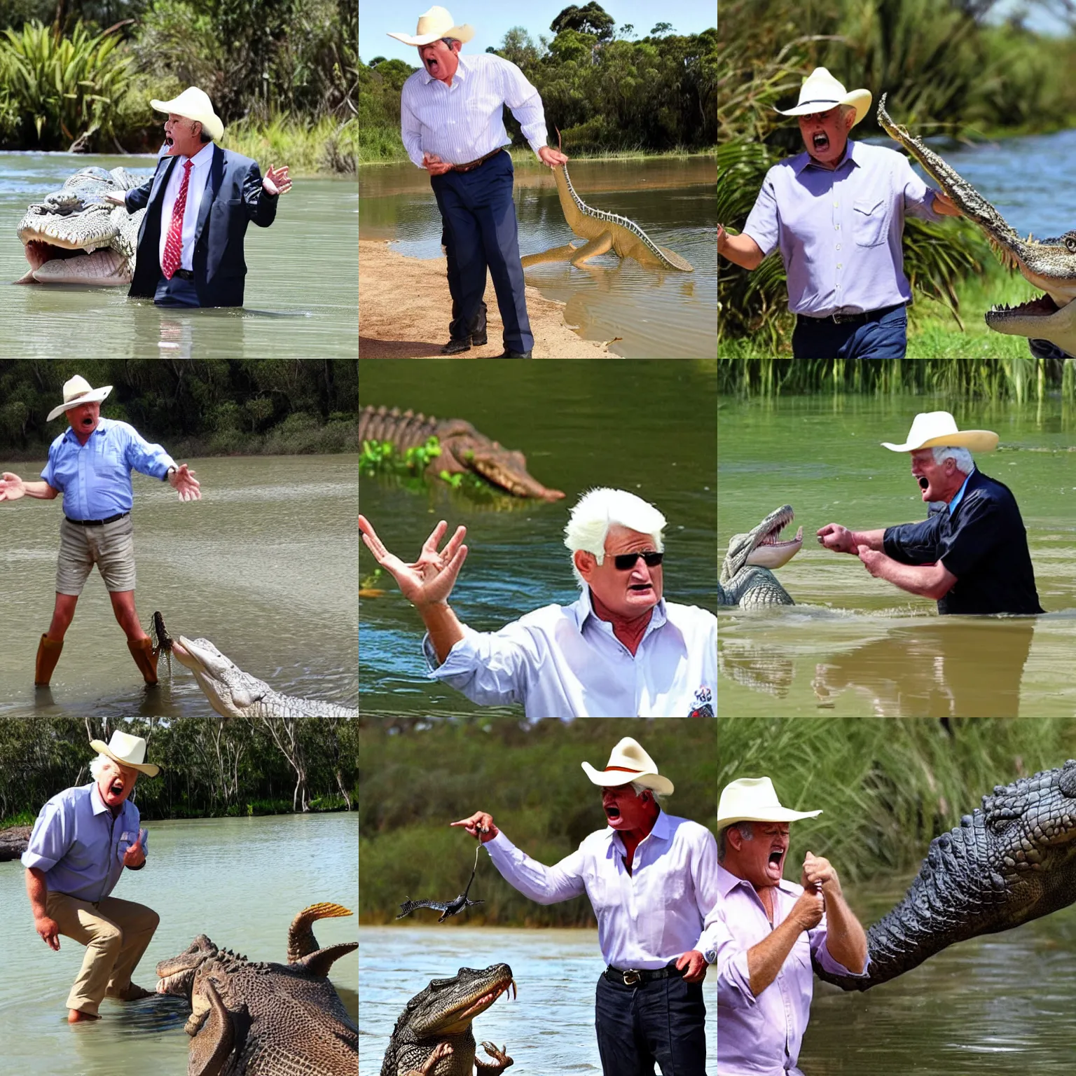 Prompt: Bob Katter yelling at a crocodile, paparazzi photo