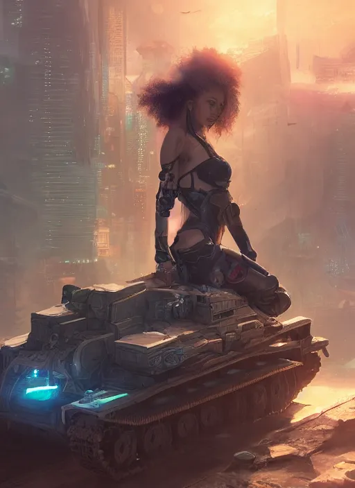 Image similar to portrait of a cyberpunk girl sitting on a tank, d & d, heartstone, digital painting, volumetric light, intricate, sharp, focus, bloom, illustration, highly detailed, concept art, matte, ruan jia, randy vargas, greg rutkowski