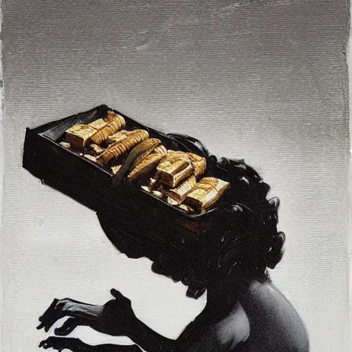 Image similar to saturn devouring a snickers chocolate bar, goya painting, in the style of goya and greg rutkowski, in the style of black paintings, 8 k, highly realistic