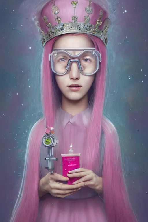 Image similar to highly detailed, profile portrait of a extremely beautiful, young adult, princess bubblegum from adventure time, experimenting in her castle lab, wearing lab coat & saftey goggles, long bubblegum hair with long straight bangs, illustration concept art by nicoletta ceccoli, mark ryden, lostfish, detailed and intricate environment, 8 k resolution, hyperrealistic, octane render