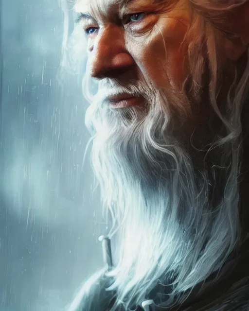 Prompt: gandalf with facial cybernetic enhancements, android, detailed face, scifi character portrait by greg rutkowski, esuthio, craig mullins, 1 / 4 headshot, cinematic lighting, dystopian scifi gear, gloomy, profile picture, mechanical, half robot, implants, steampunk